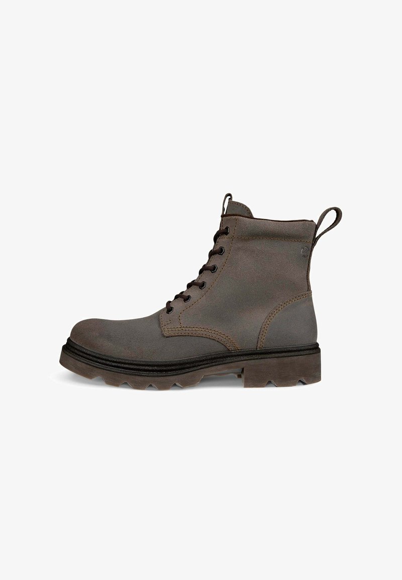 Γκρίζα δερμάτινη ankle boot με σχέδιο δέσιμο, λουράκι στο πίσω μέρος, ανθεκτική σόλα με πρόσφυση και αντίθετες καφέ ραφές.