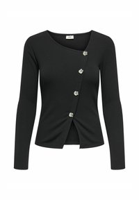 Top noir à manches longues côtelé, avec un large décolleté, une fermeture à boutons asymétrique et une coupe légèrement ajustée. Texture lisse avec un léger éclat.