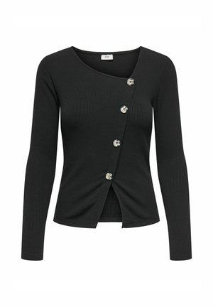 Sort ribbet langærmet top med en bred halsudskæring, asymmetrisk knaplukning og en let tætsiddende facon. Glat tekstur med en subtil glans.