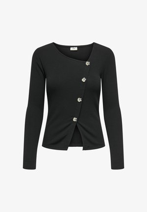 Top noir à manches longues côtelé, avec un large décolleté, une fermeture à boutons asymétrique et une coupe légèrement ajustée. Texture lisse avec un léger éclat.