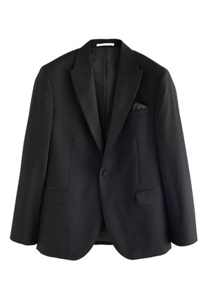 Zwarte blazer met één knoop, satijnen revers en twee frontale klepzakken, plat weergegeven op een witte achtergrond.