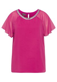 Haut fuchsia avec manches courtes transparentes et encolure ronde ornée de strass clairs. Tissu lisse avec une coupe décontractée.
