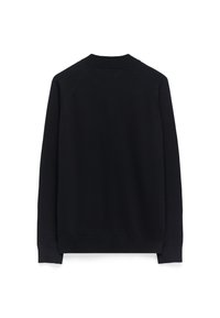 Svart tröja med rundad halsringning, ribbade mudd och nederkant. Har en slät struktur och minimal design, utan synliga mönster eller detaljer.