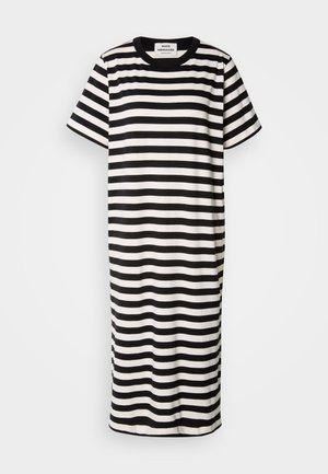 Rochie dintr-un material neted, cu dungi alb-negru, cu mâneci scurte, decolteu rotund, până la genunchi, cu un croi lejer.