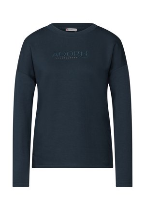 Maglietta a maniche lunghe blu navy in cotone, con ricamo frontale con le parole "ADORN" e "MINDFULNESS" in colori a contrasto. Vestibilità semplice e rilassata.