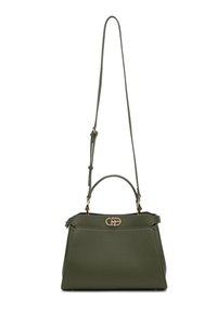 Borsa a mano in pelle verde con forma strutturata, manico superiore e tracolla staccabile. Presenta una chiusura in hardware dorato e dettagli cuciti.