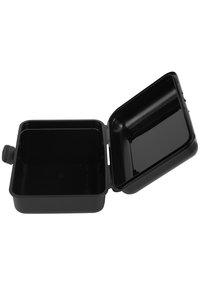 Lunch box in plastica nera con coperchio a cerniera, forma quadrata e interno liscio. Presenta una chiusura laterale per una chiusura sicura.