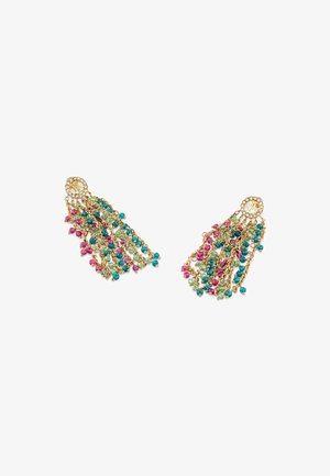Boucles d'oreilles dorées avec des chaînes en cascade ornées de perles turquoise, roses et vertes. Présente un rivet rond avec des rhinestones transparents.