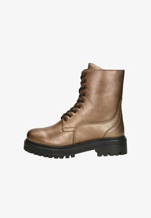 Bronzen leren enkellaarzen met een ronde neus, vetersluiting aan de voorkant en een gestructureerde zwarte rubberen zool met een robuust profiel.