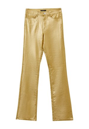 Metallic gold flared jeans with a smooth, shiny texture. Features front pockets, a zip fly, and a standard waistband.