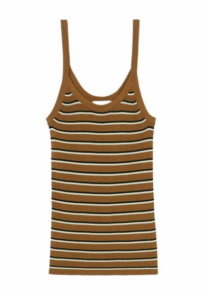 Débardeur en ribans de couleur marron avec des rayures verticales crème et noires. Il présente des bretelles fines et une encolure dégagée avec une découpe horizontale.