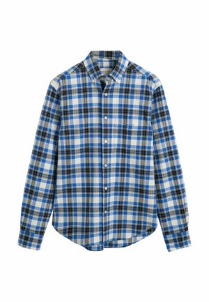 Camicia a quadri blu e bianca realizzata in tessuto tessuto, con colletto a punta, maniche lunghe, taschino frontale e orlo curvato.