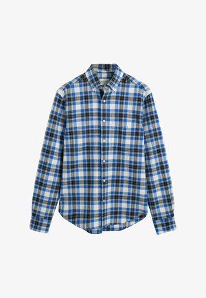 Camicia a quadri blu e bianca realizzata in tessuto tessuto, con colletto a punta, maniche lunghe, taschino frontale e orlo curvato.