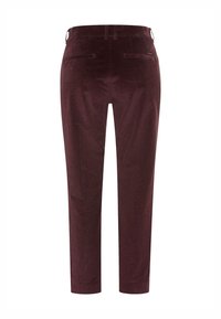 Burgundské kordové kalhoty s rovnýním střihem. Dvě zadní kapsy a pas s poutky na opasek. Jemná textura s vertikálními pruhy.