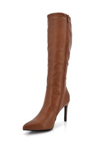 Brown high-heel boot made of smooth leather with a pointed toe and side zipper, featuring a fitted design that reaches mid-calf.