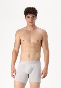 Graue Baumwoll-Boxershorts mit weicher Textur, ausgestattet mit einem Logo-Bund. Das Design umfasst eine konturierte Vorderseite und genähte Säume.