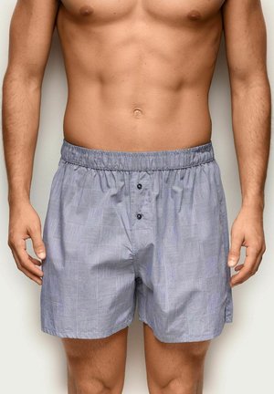 Torso y piernas superiores masculinas vistiendo calzoncillos bóxer a cuadros azul claro con cintura elástica y dos botones delanteros.