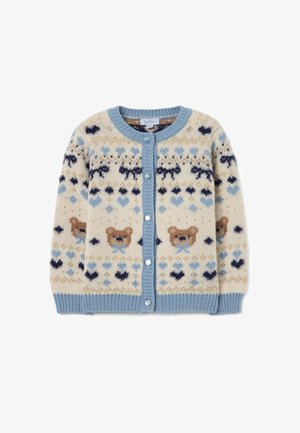 Gebreide cardigan in crème met blauwe accenten, voorzien van een patroon van beren, harten en geometrische vormen. Ronde kraag en knopenluiting.