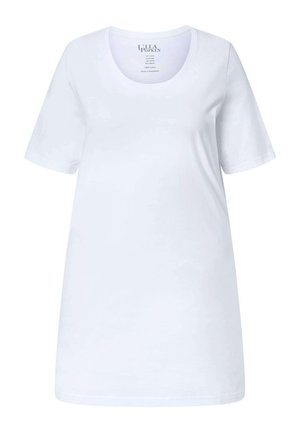 Hvid kortærmet T-shirt i bomuld med rund halsudskæring, lige kant og synligt mærke indeni kraven.