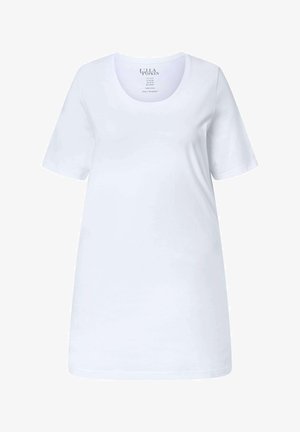 T-shirt blanc en coton à manches courtes avec encolure ronde, ourlet droit et étiquette de marque visible à l'intérieur du col.
