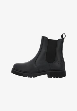 Bottines Chelsea noires en cuir, avec des panneaux latéraux élastiques, une languette de traction et une semelle en caoutchouc texturée avec des rainures profondes.