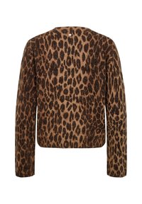 Veste à manches longues avec motif léopard brun foncé et noir sur fond marron plus clair, vue de dos.