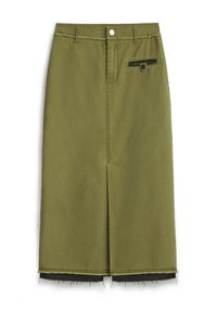 Jupe vert olive, longueur genou, avec une fente avant, une poche zippée et un ourlet effiloché. Fabriquée en tissu durable au toucher lisse.