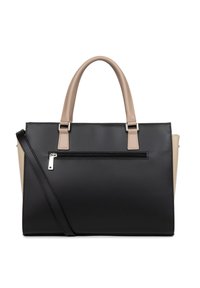 Sac à main en synthétique noir avec des accents beiges, poignées supérieures, bandoulière amovible et poche zippée avant. Texture lisse et design structuré.