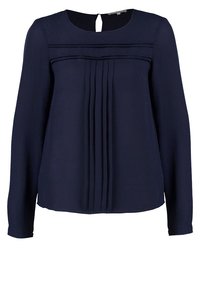 Blusa a maniche lunghe blu navy con scollatura tonda, pieghe frontali e un piccolo taglio a forma di chiave sul retro. Realizzata in tessuto morbido e leggero.