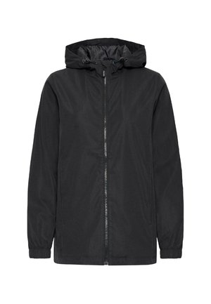 Giacca nera con cappuccio realizzata in materiale leggero, dotata di una zip frontale, polsini elasticizzati e un design semplice e minimalista. Nessun motivo predominante.