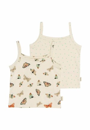 Dwie bawełniane tank topy: jeden w kolorze kremowym z nadrukiem motyli, drugi w kolorze kremowym z małymi zielonymi sercami. Oba mają wąskie ramiączka i standardowy krój.