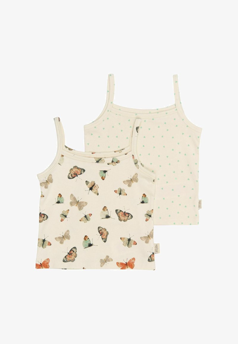 Deux débardeurs en coton : l'un crème avec un imprimé papillon, l'autre crème avec de petits cœurs verts. Les deux présentent des bretelles fines et une coupe standard.