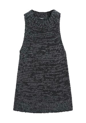 Veste sans manches en tricot gris foncé avec motif chiné et col et ourlet côtelés.