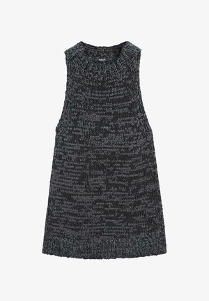 Veste sans manches en tricot gris foncé avec motif chiné et col et ourlet côtelés.