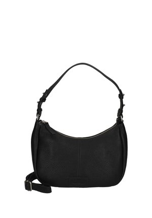 Schwarze Leder-Schultertasche mit verstellbarem Riemen, Reißverschluss und genarbter Struktur, vor weißem Hintergrund präsentiert.