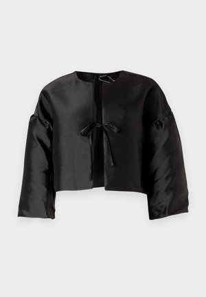 Must värviline sätendav lühike jakk. Omab laiu varrukaid, ümarat kaelust ja esit tõmblukku. Ei sisalda nähtavaid mustreid ega aktsente.