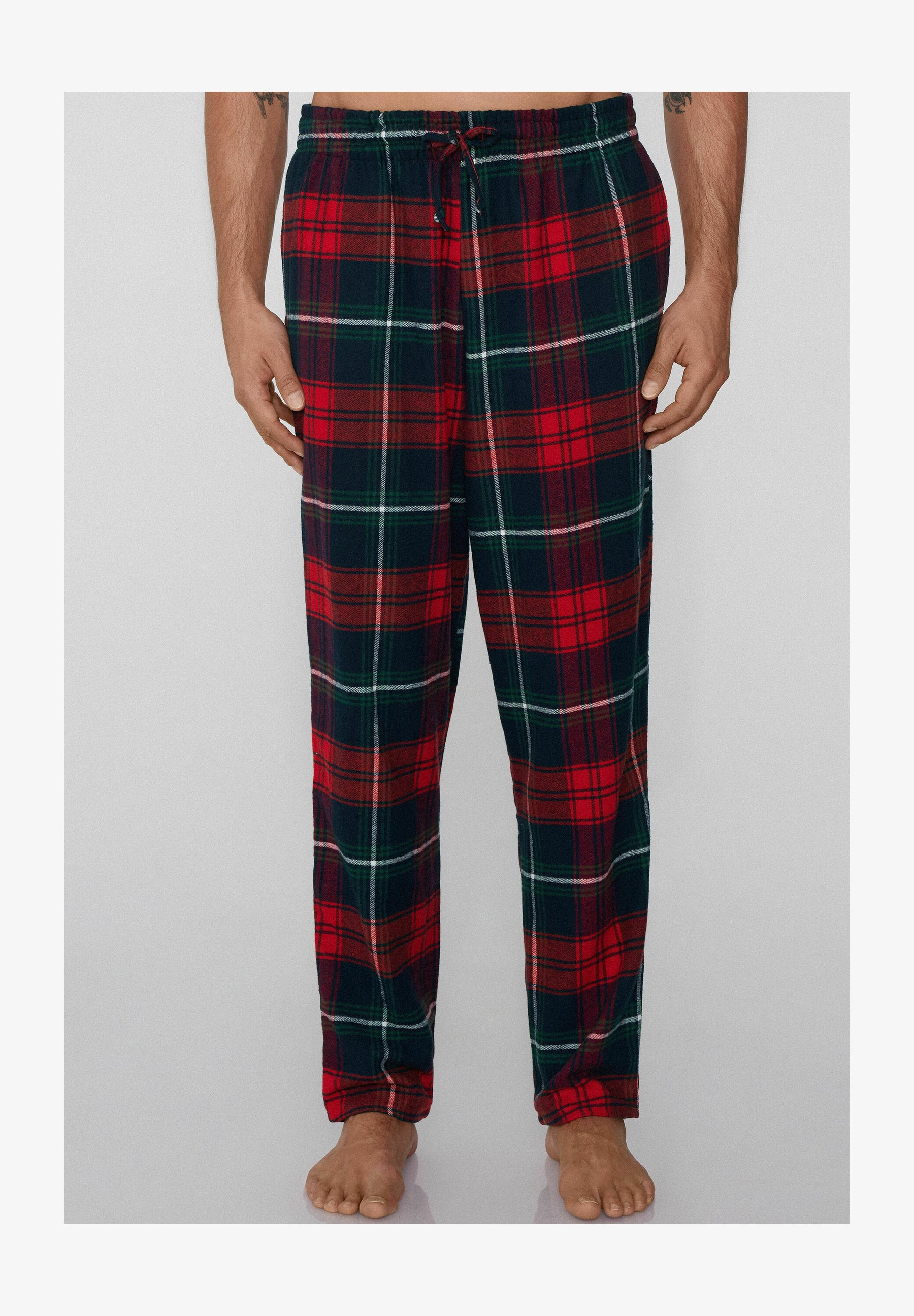 Pigiama Lungo Uomo In Cotone - Tessuto Scozzese Rosso E Blu - Maniche Lunghe Con Tasca, Vita Elastica - Taglie Forti Disponibili