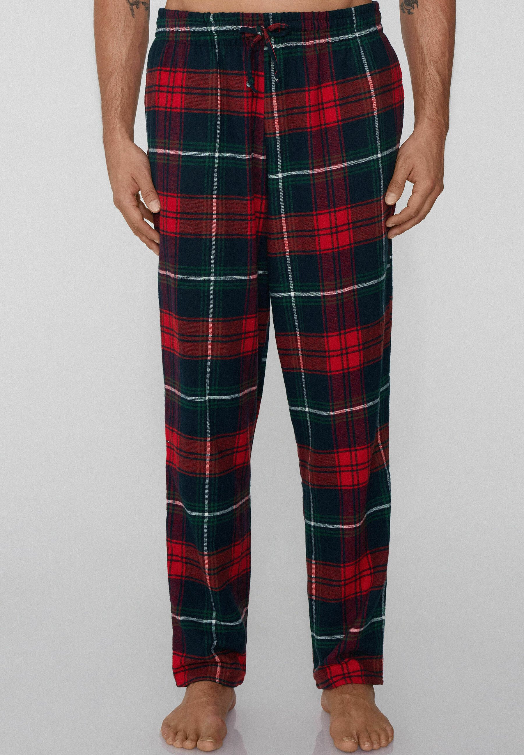Pigiama Lungo Uomo In Cotone - Tessuto Scozzese Rosso E Blu - Maniche Lunghe Con Tasca, Vita Elastica - Taglie Forti Disponibili