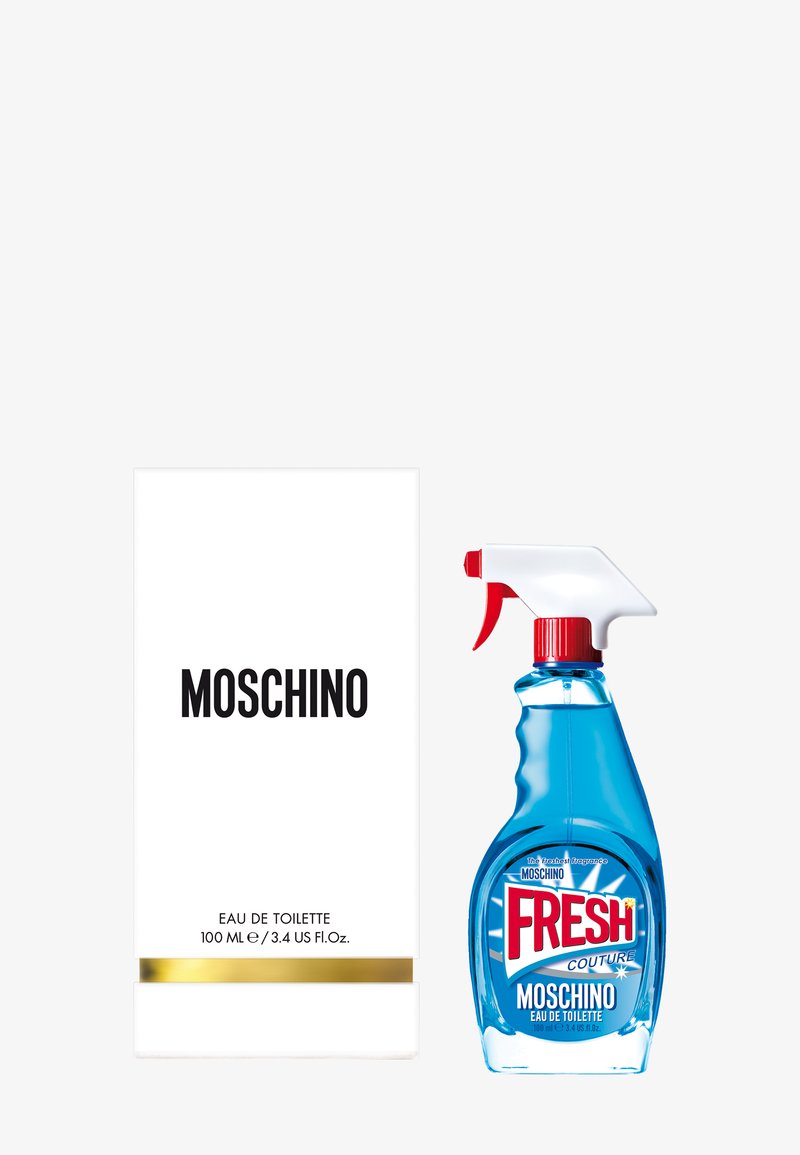 Eau de toilette Moschino Fresh Couture en flacon spray de 100 ml en forme de spray nettoyant bleu avec embout rouge et blanc.