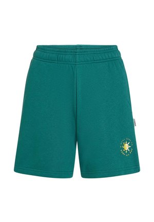 Teal cotton shorts with an elastic waistband and side stitching. Features a yellow graphic print on the left leg.