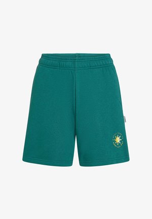 Teal cotton shorts with an elastic waistband and side stitching. Features a yellow graphic print on the left leg.
