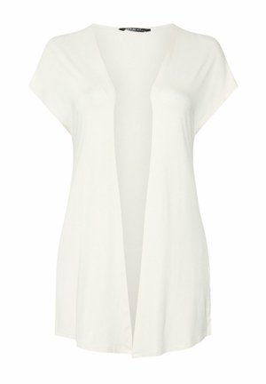 Hvid cardigan med åbent front, kort ærme, afslappet pasform og uden synlige knapper eller lukninger.