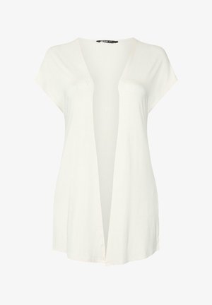 Biały kardigan z krótkim rękawem i otwartym przodem, o luźnym kroju, bez widocznych guzików ani zapięć.