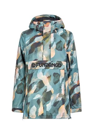 Vandtæt pulloverjakke med et flerfarvet abstrakt mønster i blå og grønne nuancer, der har hætte og et logo på forsiden.