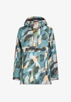 Vedennepropusna jakna s puloverjem v večbarvnem abstraktnem vzorcu v modrih in zelenih odtenkih, ki vključuje kapuco in logotip spredaj.