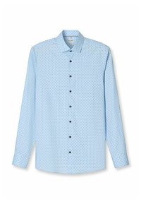 Himmelblaues Langarmhemd mit Button-Down-Kragen, das ein Punktmuster in dunklerem Blau aufweist und schwarze Knöpfe auf der Vorderseite hat.