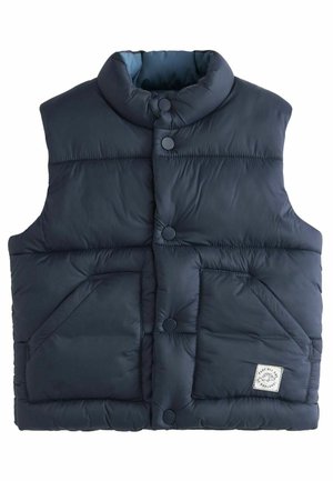 Marineblaue gesteppte Weste mit hohem Kragen, Druckknöpfen, zwei Fronttaschen und Logopatch. Weicher, strukturierter Stoff mit Steppmuster.