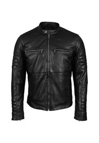 Svart lädermotorcykeljacka med ståkrage, dragkedjefickor och kviltade axeldekorationer. Slät textur, åtsittande design.