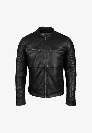 Schwarze Leder-Motorradjacke mit Stehkragen, Reißverschlusstaschen und gesteppte Schulterakzenten. Glatte Textur, figurbetontes Design.