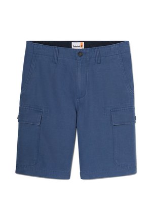Shorts cargo bleus pour hommes avec bouton à l'avant, passants pour ceinture, poches plaquées latérales avec rabat, et étiquette Timberland sur la ceinture.